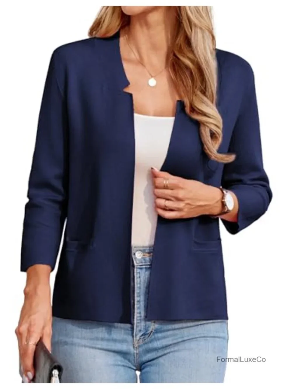 Knit Blazer 3/4 Sleeve Cropped Cardigan Lightweight Notch Collar Business Casual